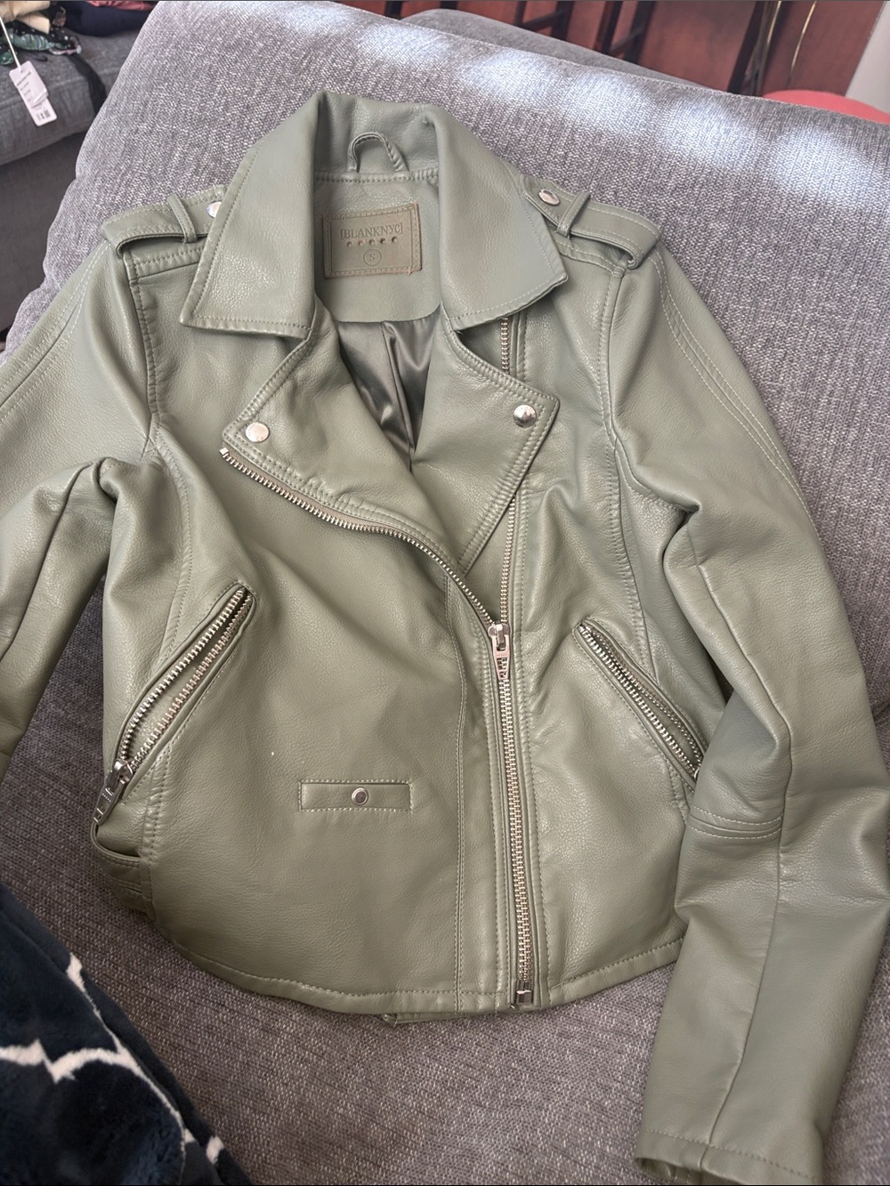 Blank NYC Sage Green Leather Moto Jacket